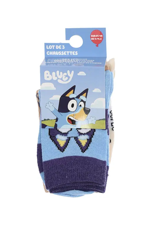 Verpakking met 3 paar Bluey kindersokken met Bluey en Bingo