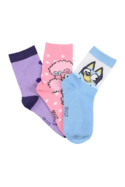 3 Paar Bluey Sokken Kinderen – Paars, Roze & Lichtblauw