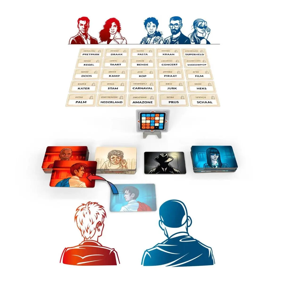 Codenames bordspel met Nederlandse woordkaarten, agentkaarten en spelopstelling