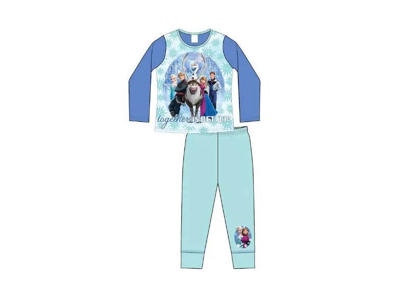 Lichtblauwe Frozen pyjama voor meisjes met Anna, Elsa en Olaf, 100% katoen, maten 104/110–134/140, officiële Disney licentie.
