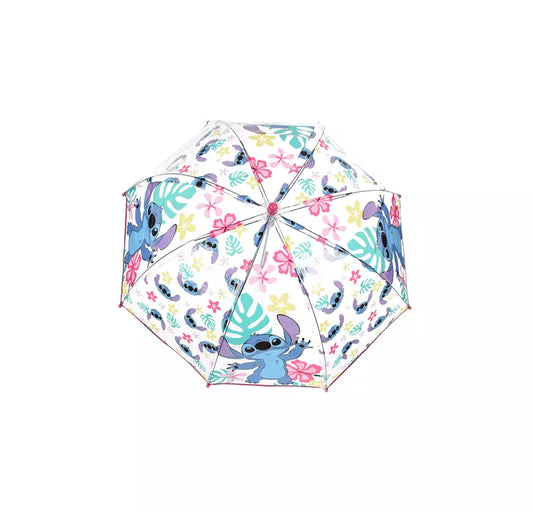 Disney Stitch Kinderparaplu – Doorzichtig met Bloemetjes – Koepelvormig – 72 cm – Officieel Product