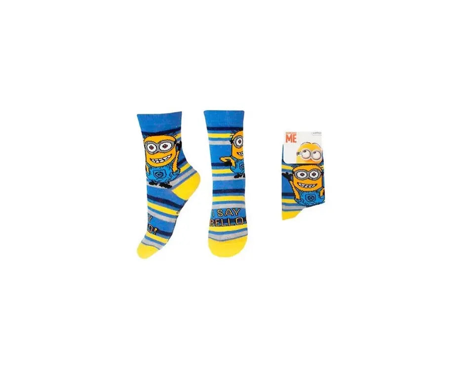Despicable Me Minions kindersokken blauw geel gestreept met Say Bello print