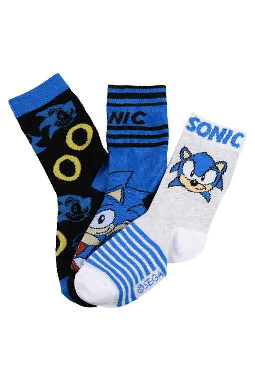 Sonic kindersokken set van 3 paar in blauw zwart en wit