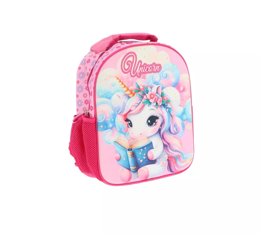 3D Eenhoorn Rugzak Roze – Met Regenboog & Bloemen – Kinder Rugtas 30x26x10 cm