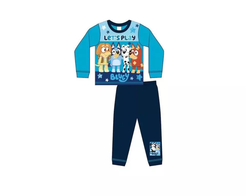 Bluey pyjama voor jongens in blauw, model “Let’s Play”, met afbeelding van Bluey en vrienden – comfortabele kinderpyjama van 100% katoen.