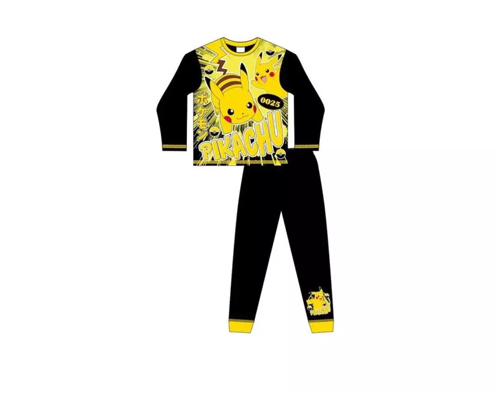 Zwarte Pokémon kinderpyjama met gele accenten, grote Pikachu print op het shirt en kleine afbeelding op de broekspijp. 100% katoen, officiële licentie.