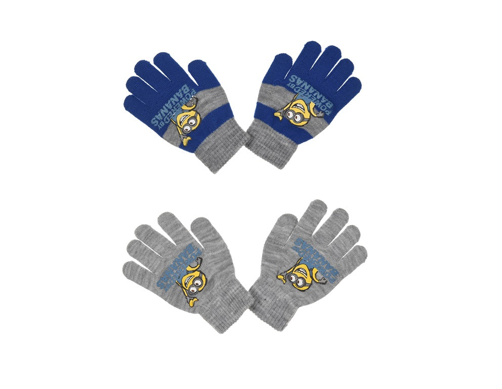 Minions Handschoenen Set Kinderen – 2 Paar (Grijs & Grijs/Blauw) met Dave & “Powered by Bananas” – One Size (3-6 Jaar) – Officiële Licentie