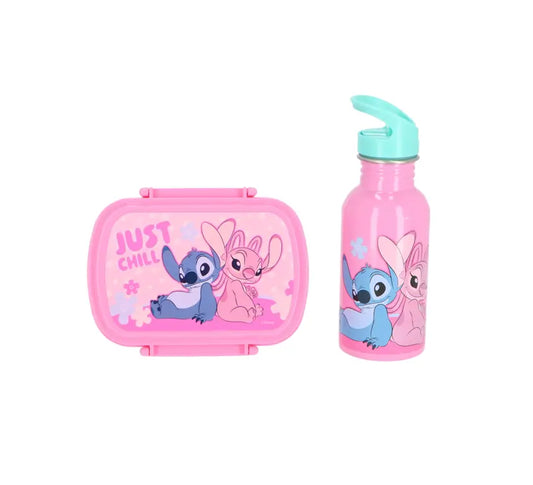 Disney Stitch en Angel lunchset met roze broodtrommel en RVS drinkfles van 500 ml