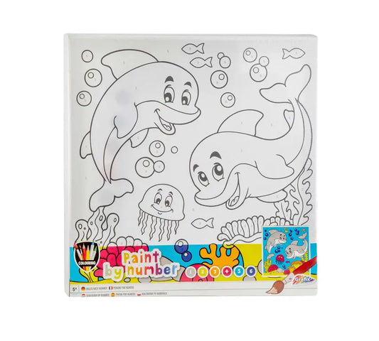Grafix Paint by Number Dolfijnen canvas van 30x30 cm met dolfijnen afbeelding, verf en penseel voor kinderen vanaf 5 jaar.