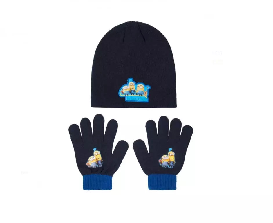 Donkerblauwe Minions muts en handschoenen set voor kinderen, met vrolijke afbeelding van de Minions uit Despicable Me. One size (3–6 jaar), zachte acryl winterset.