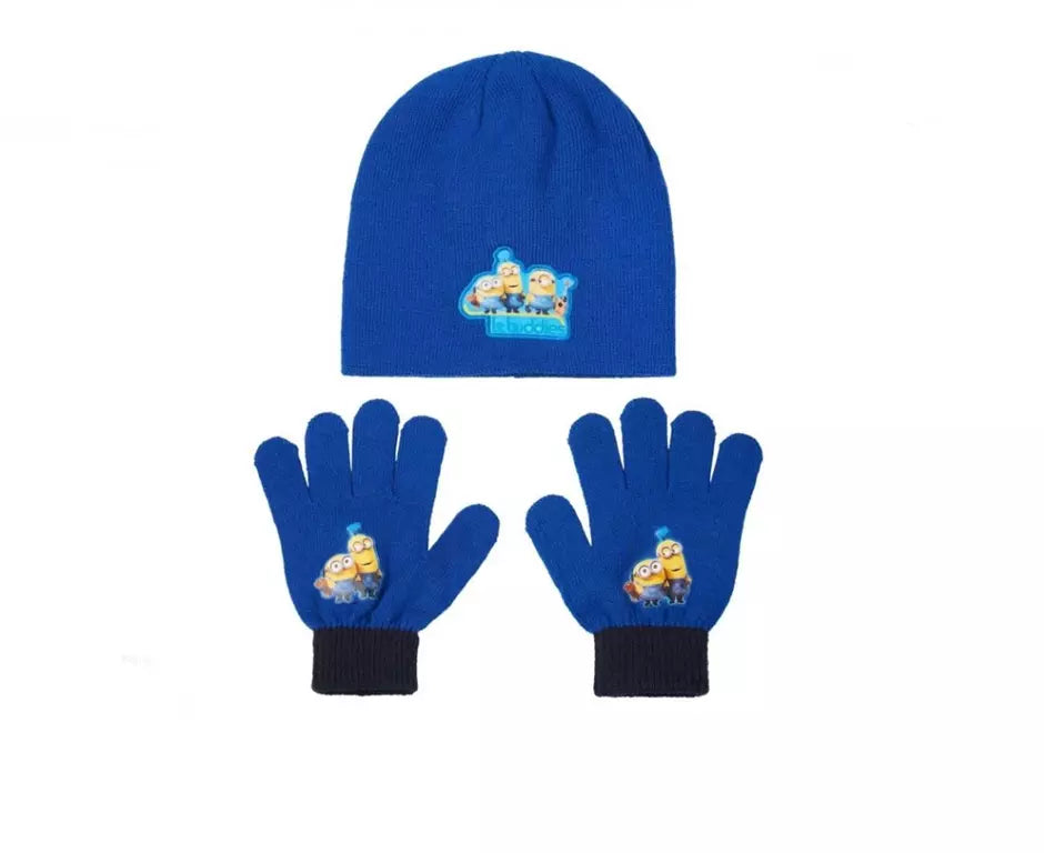 blauwe Minions muts en handschoenen set voor kinderen, met vrolijke afbeelding van de Minions uit Despicable Me. One size (3–6 jaar), zachte acryl winterset.