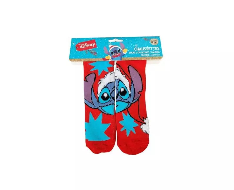 Rode Disney Stitch kindersokken met kerstdesign, zachte katoenmengsel, maten 23/26–31/34, officiële licentie.