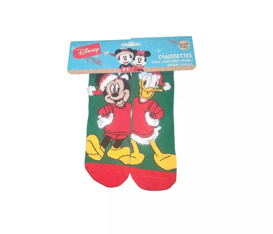 Groene Disney kindersokken met Mickey Mouse & Donald Duck in kerststijl, zachte katoenmengsel, maten 23/26–31/34, officiële licentie.