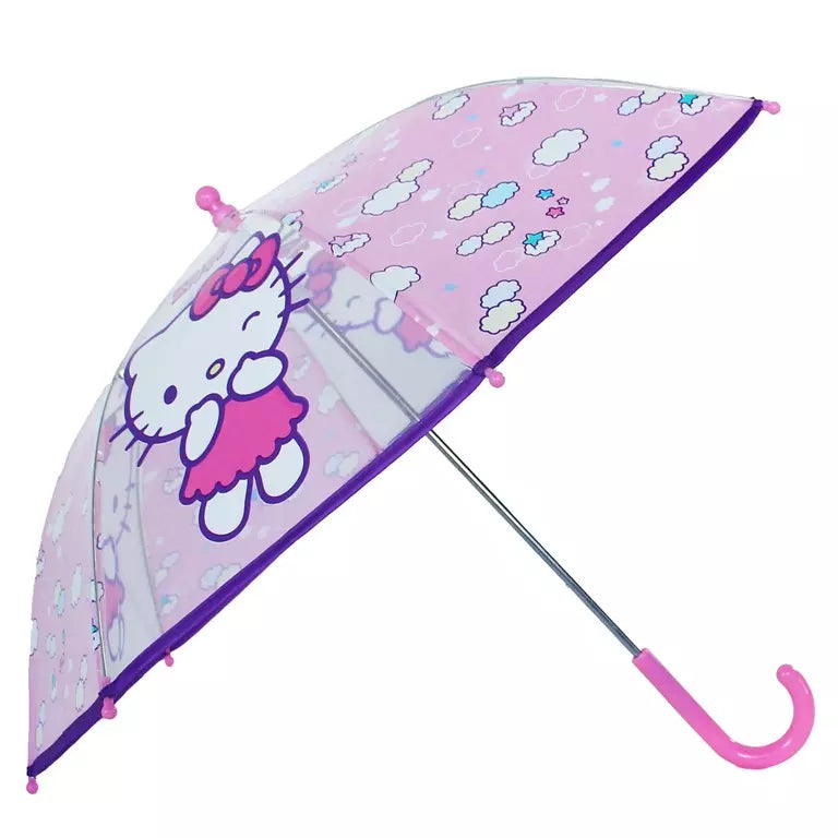 Hello Kitty kinderparaplu roze transparant met wolkjes, sterren en Hello Kitty print. Ø71 cm, lichtgewicht, officiële licentie.