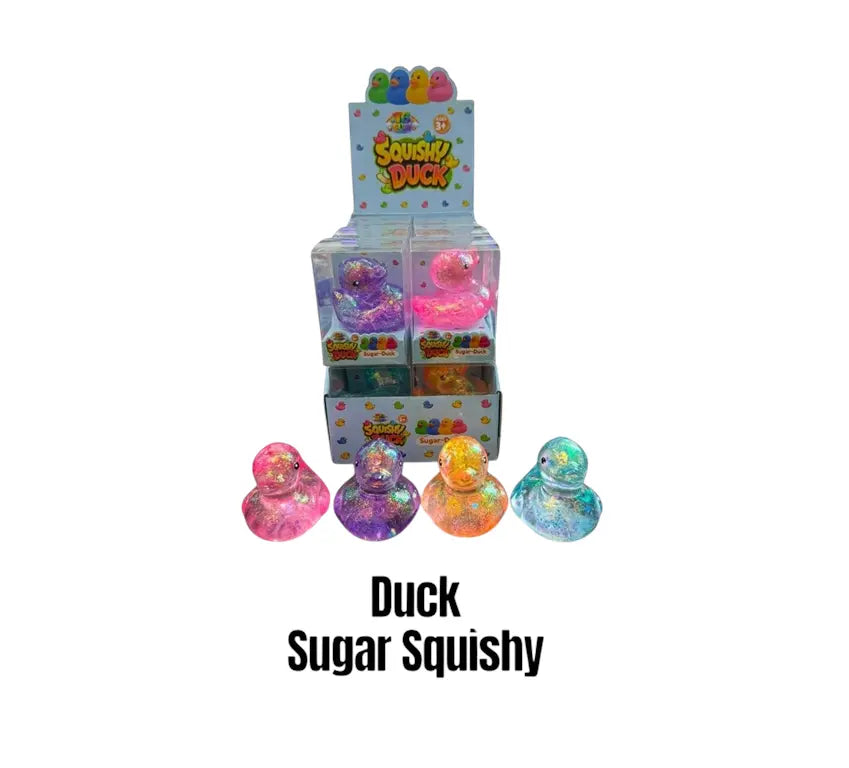 Sugar Duck Squishy in de vorm van een badeend met glitters in verschillende kleuren van circa 7 x 7 cm