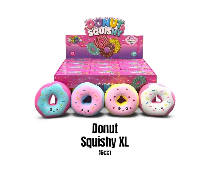 XL Donut Squishy van 16 cm met vrolijk gezichtje en kleurrijke topping met sprinkles