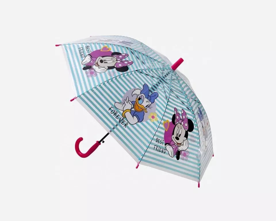 Transparante Disney kinderparaplu met Minnie Mouse en Katrien Duck print, gestreept design. Ø68 cm, semi-automatisch, officiële licentie.
