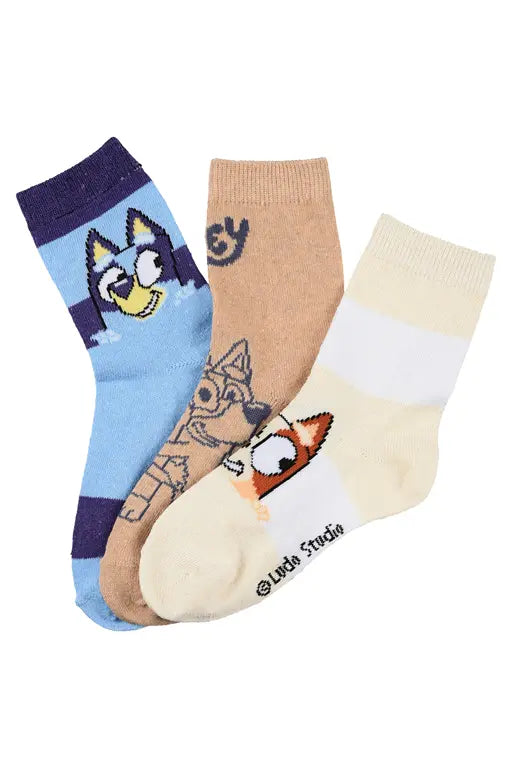 3 paar Bluey kindersokken met Bluey en Bingo in verschillende kleuren