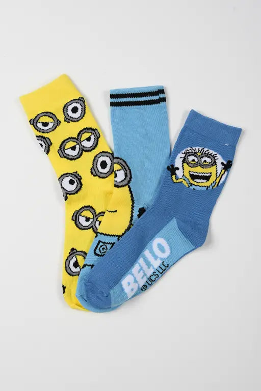 3 paar Minions kindersokken in blauw en geel met verschillende designs