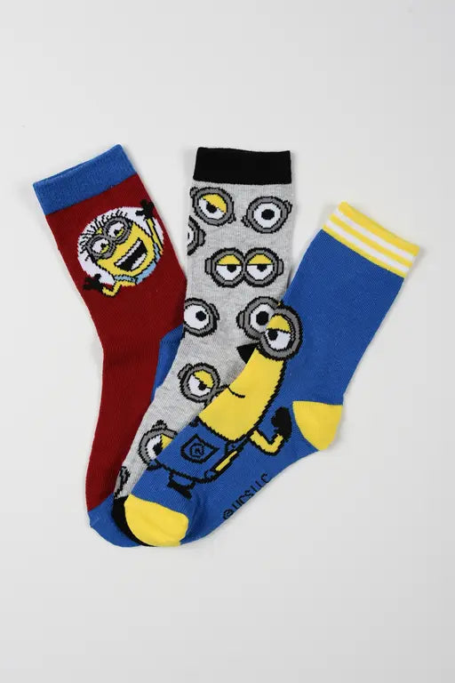 3 paar Minions kindersokken in rood blauw en grijs met verschillende designs