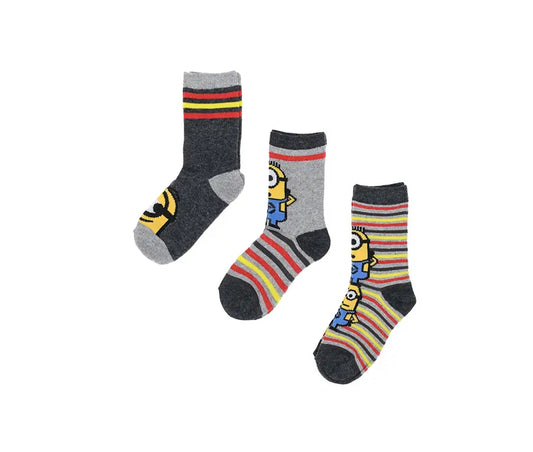 Set van 3 Minions kindersokken in grijs met strepen en Minions-afbeeldingen, maten 23/26–31/34, officiële licentie.