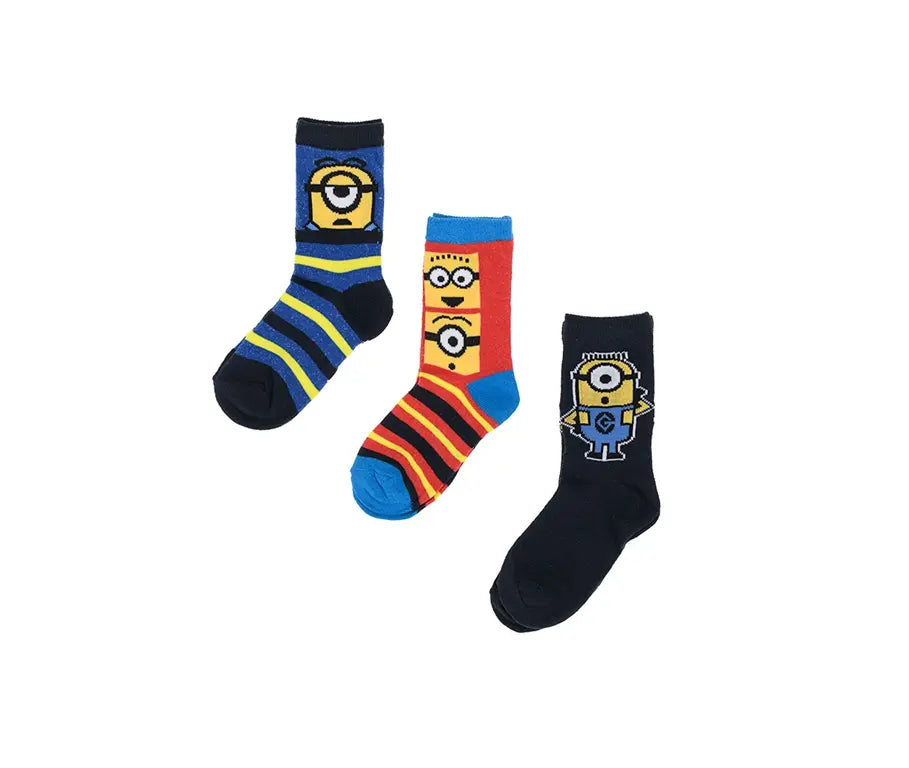 Set van 3 Minions kindersokken in blauw, rood en zwart met Minion-afbeeldingen, maten 23/26–31/34, officiële licentie.