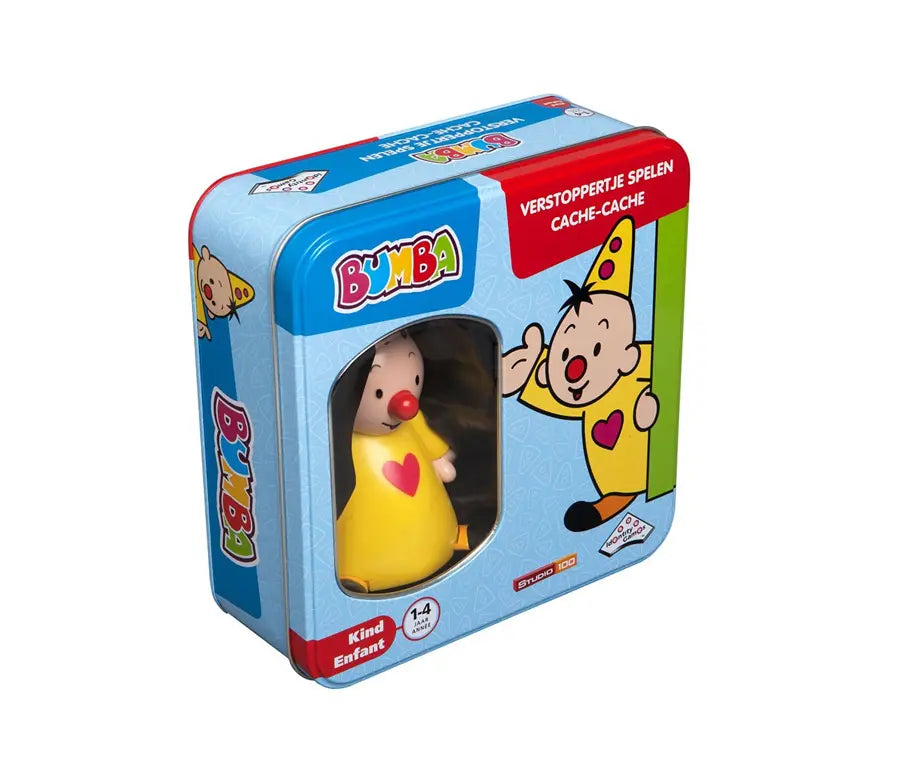 Bumba Verstoppertje Spelen educatief peuterspel van Studio 100 met Bumba figuur en kleurrijke speelkaarten in metalen doosje.