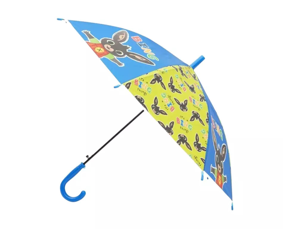 Bing Bunny kinderparaplu in groen en blauw met afbeelding van Bing. Ø68 cm, automatisch openend, officiële licentie.
