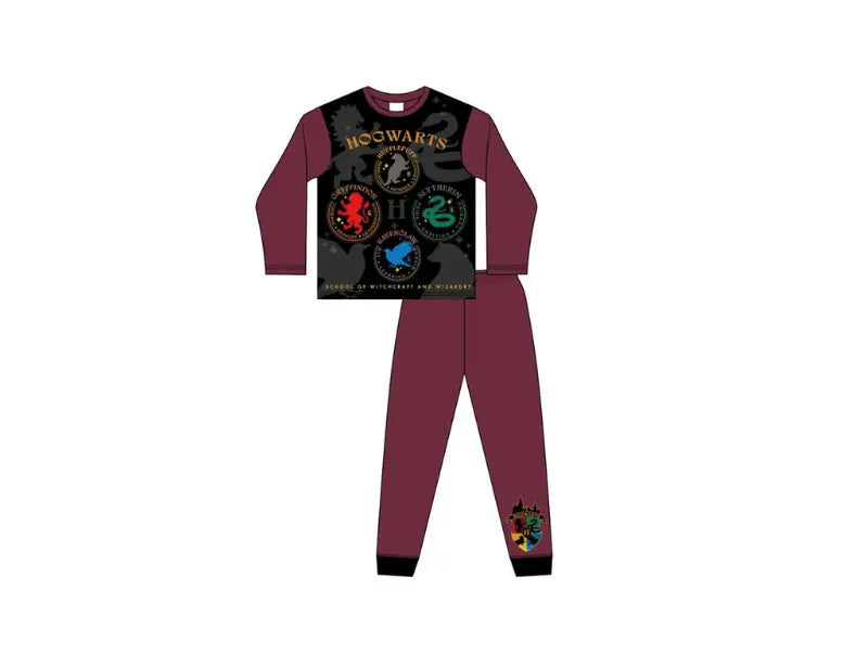 Harry Potter kinderen pyjama bordeaux/zwart met groot Hogwarts-logo, 100% katoen, maten 104/110–134/140, officiële licentie.