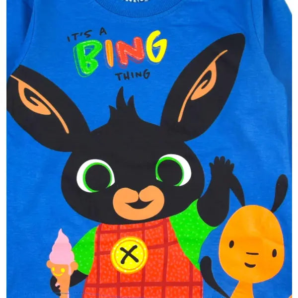 Detail van Bing en Flop print op blauwe jongens longsleeve