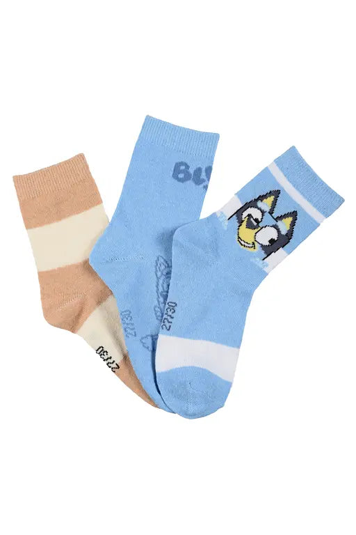 3 paar Bluey kindersokken in lichtblauw beige en crème met Bluey en Bingo
