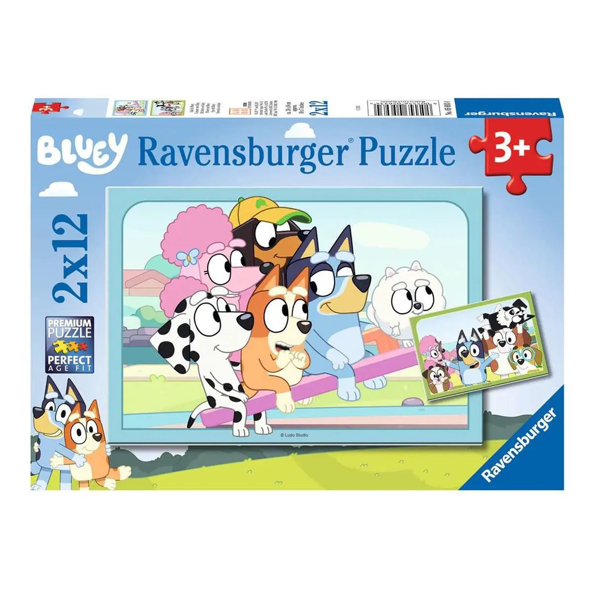 Vooraanzicht Bluey Ravensburger puzzel 2x12 stukjes voor kinderen vanaf 3 jaar