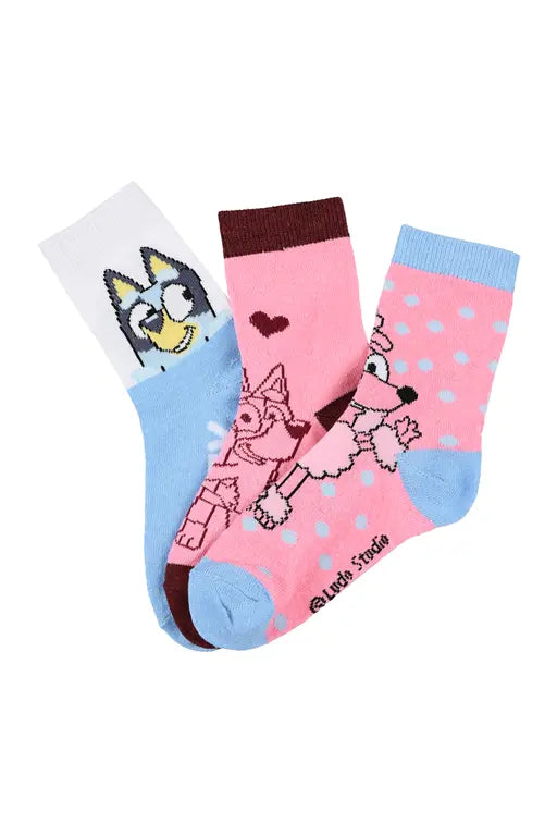 3 paar Bluey kindersokken in roze lichtblauw en wit met verschillende designs