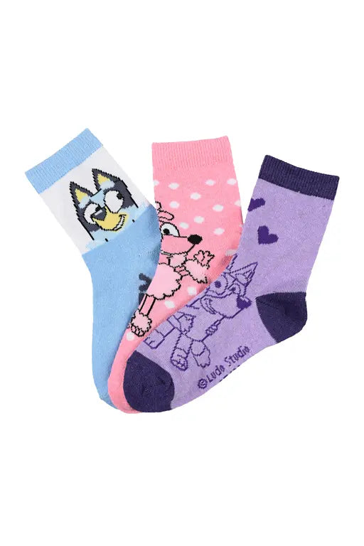 3 Paar Bluey Sokken Kinderen – Paars, Roze & Lichtblauw