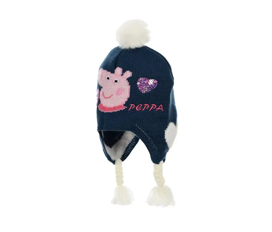 Donkerblauwe Peppa Pig wintermuts met witte pompon en oorflappen