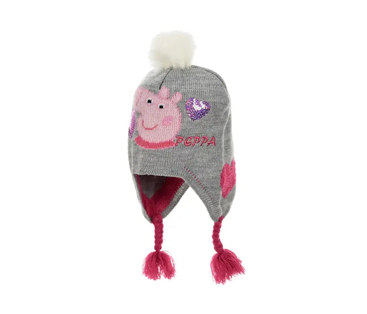 Grijs roze Peppa Pig wintermuts met witte pompon en oorflappen