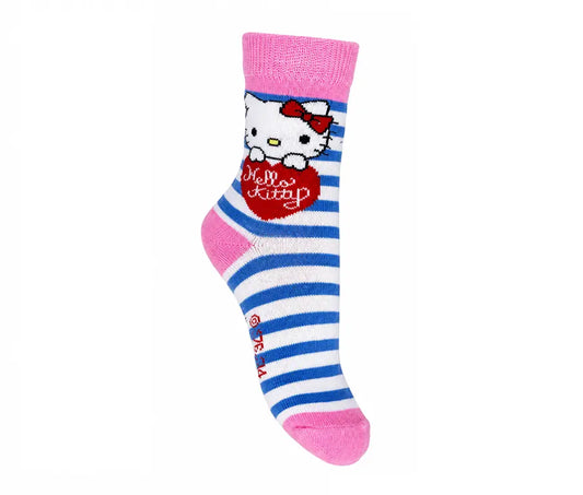 Hello Kitty kindersokken met blauw-witte strepen, roze boord en teen en een rood hart op de voorkant.