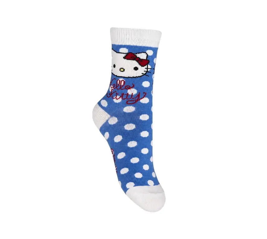 Hello Kitty kindersokken met blauw design, witte stippen en een grote Hello Kitty afbeelding met rode strik.