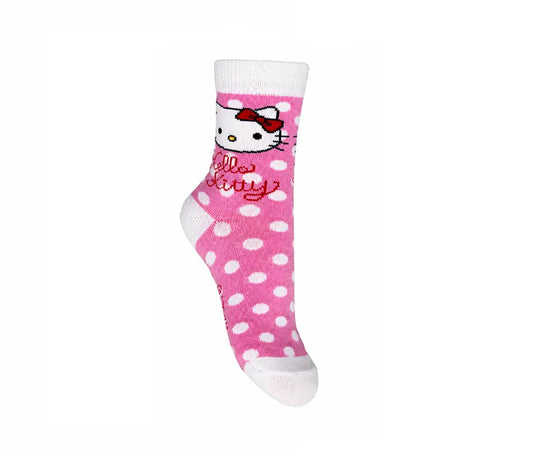 Hello Kitty kindersokken met roze design, witte stippen en een grote Hello Kitty afbeelding met rode strik