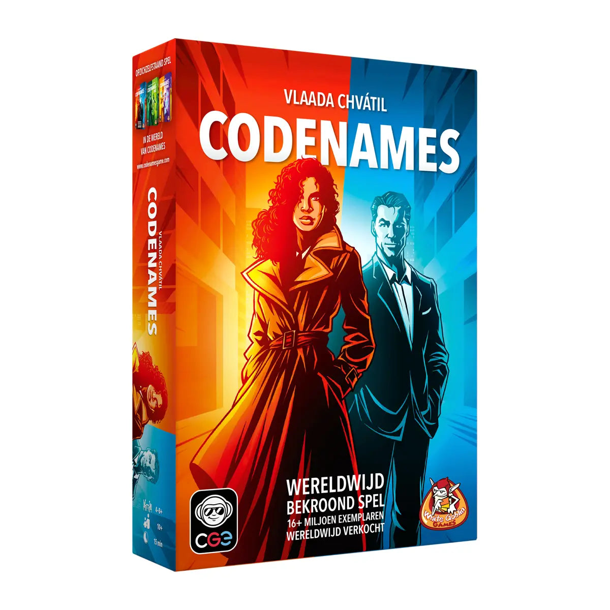 Codenames bordspel Nederlandse editie in kleurrijke rood-blauwe verpakking