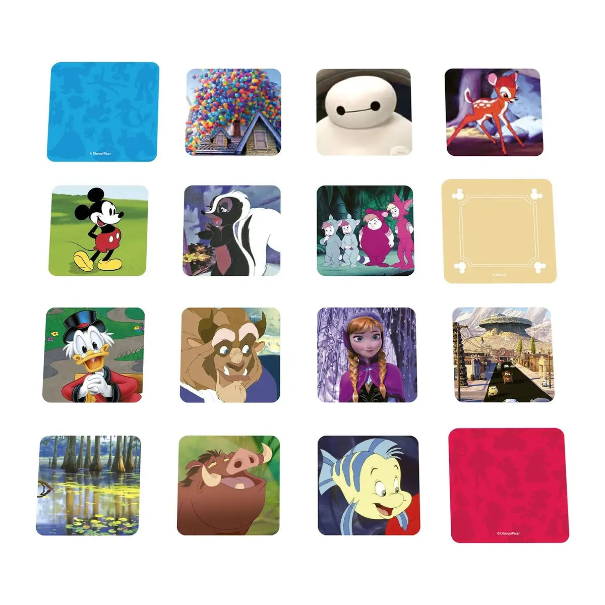 Voorbeeld van Codenames Disney kaarten met bekende Disney- en Pixar-personages