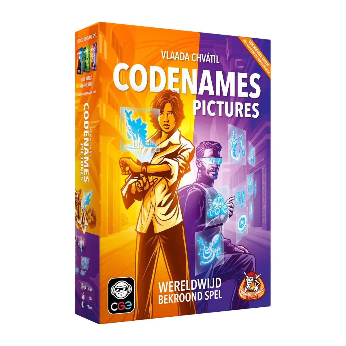 Codenames Pictures bordspel in oranje-paarse Nederlandse verpakking