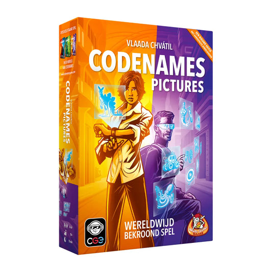 Codenames Pictures bordspel in oranje-paarse Nederlandse verpakking