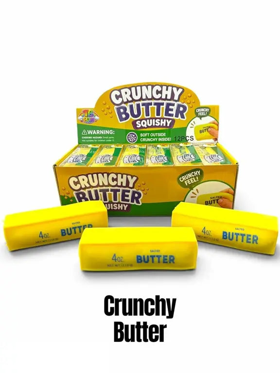 Gele Crunchy Butter Squishy in de vorm van een pakje boter
