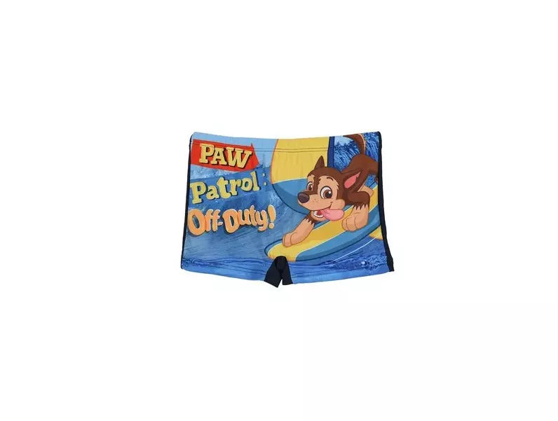 Blauwe PAW Patrol kinderzwembroek met Chase op surfplank, sneldrogend, elastisch, 85% polyester 15% elastaan, officiële licentie.