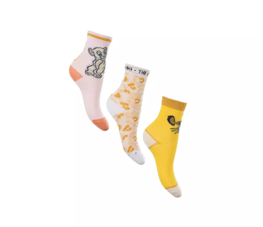 Set van 3 paar Disney The Lion King meisjes sokken met Simba prints. 70% katoen, maten 23/26, 27/30 en 31/34, officiële licentie
