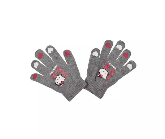 grijze Hello Kitty handschoenen voor meisjes met hartjes op de vingertoppen en afbeelding van Hello Kitty. One size (3–8 jaar), zachte en warme winterhandschoenen.