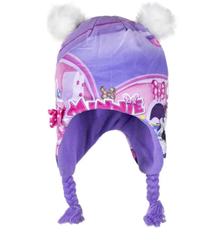 Voorkant Minnie Mouse wintermuts paars roze met oorflappen