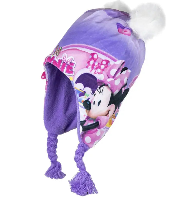 Zijkant Disney Minnie Mouse wintermuts met pompons en vlechtkoordjes