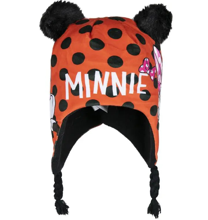 Voorkant Minnie Mouse fleece wintermuts met oorflappen en koordjes